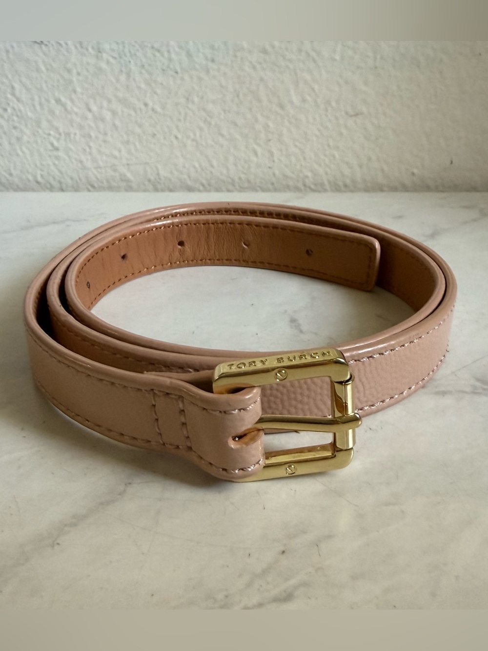 Tory Burch Pale Pink Leather Belt with Gold Buckle